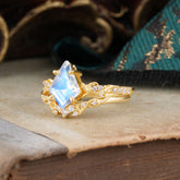 Luxurious Nature-Inspired 4-Prong Kite-Cut Natural Moonstone Engagement Ring Set